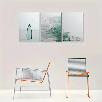 3pcs Ocean Waves Lifeguard Tower and Surfboard Metal Print Ready to Hang Art