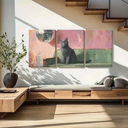 3pcs Artistic Cat Disco Ball Abstract Background Metal Print Ready to Hang Art