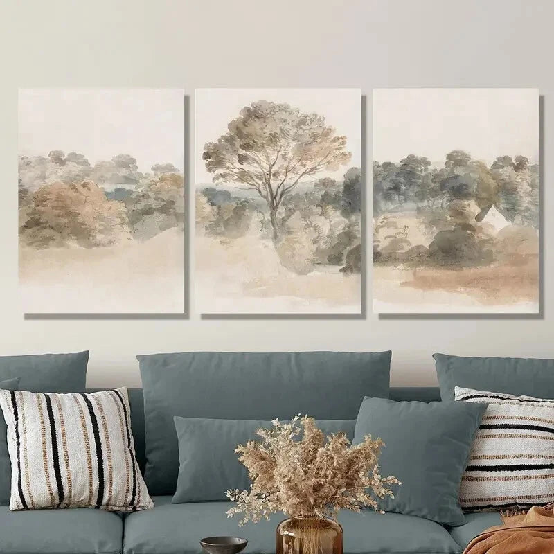 3pcs Antique rural landscape, natural trees Metal Print Ready to Hang Art