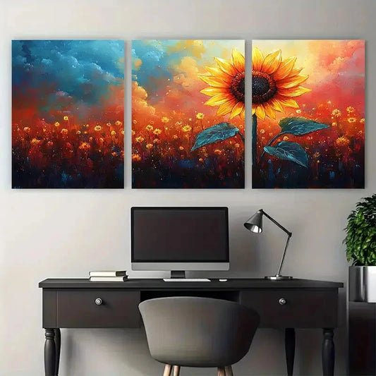 3pcs Vibrant Yellow Sunflower Watercolor Design Metal Print Ready to Hang Art