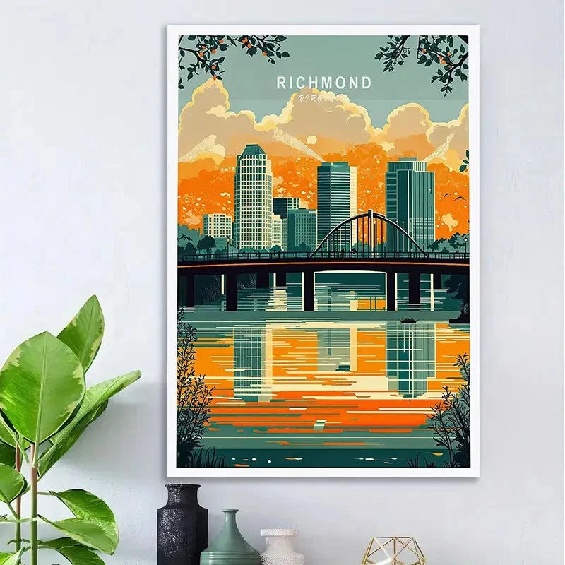 Richmond Virginia City Skyline River Bridge Travel Poster Print Wall Art