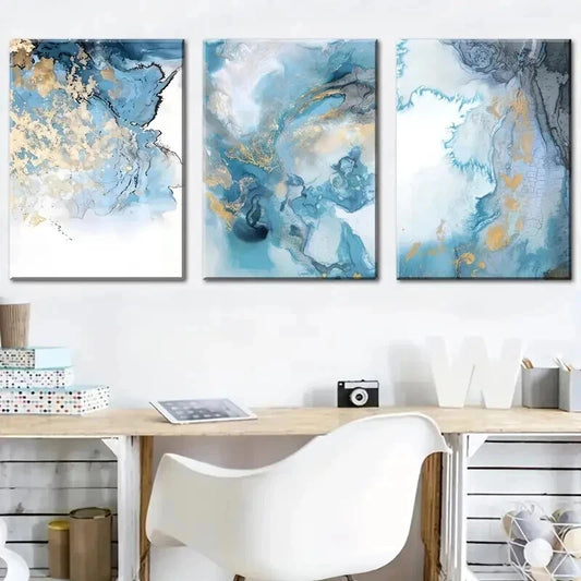 3pcs Nordic Blue & Golden Abstract Prints Wall Art Set Canvas Framed 40x60cm - High Quality Print 100% Australian Made Wall Canvas Ready to Hang