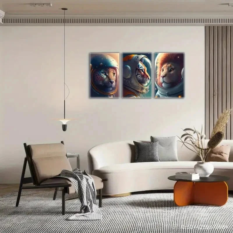 3pcs Astronaut Portrait Cheetah Tiger Lion Metal Print Ready to Hang Art