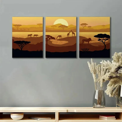 3pcs African Savanna Landscape Minimalist Metal Print Ready to Hang Art