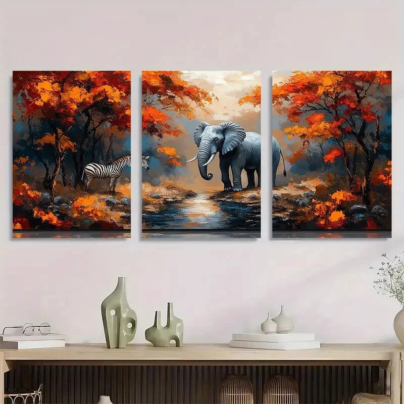 3pcs Elephant Zebra & Lion Nature Scene Metal Print Ready to Hang Art