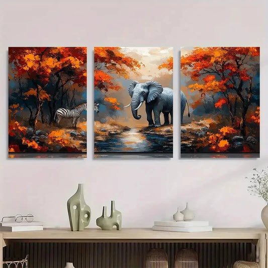 3pcs Elephant Zebra & Lion Nature Scene Metal Print Ready to Hang Art