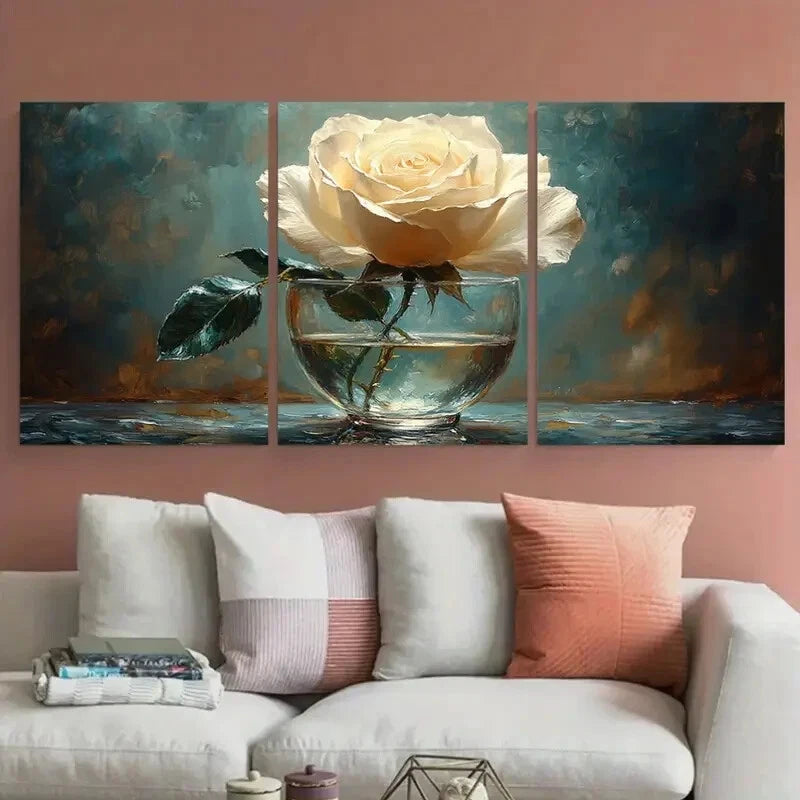 3pcs Still Life of White Rose in a Glass Metal Print Ready to Hang Art