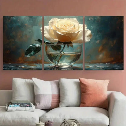 3pcs Still Life of White Rose in a Glass Metal Print Ready to Hang Art