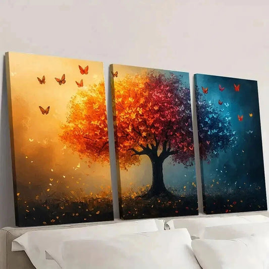 3pcs Vibrant Autumn & Winter Butterfly Tree Wall Art Set Canvas Framed 40x60cm - High Quality Print 100% Australian Made Wall Canvas Ready to Hang
