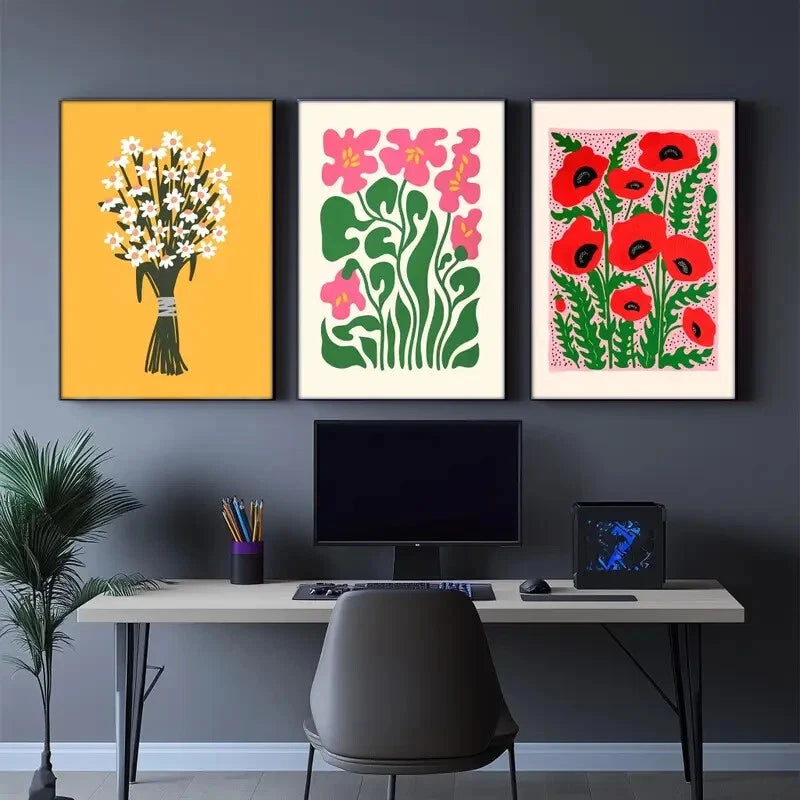3pcs Floral Style Pink Red and White Flowers Metal Print Ready to Hang Art