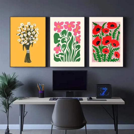 3pcs Floral Style Pink Red and White Flowers Metal Print Ready to Hang Art