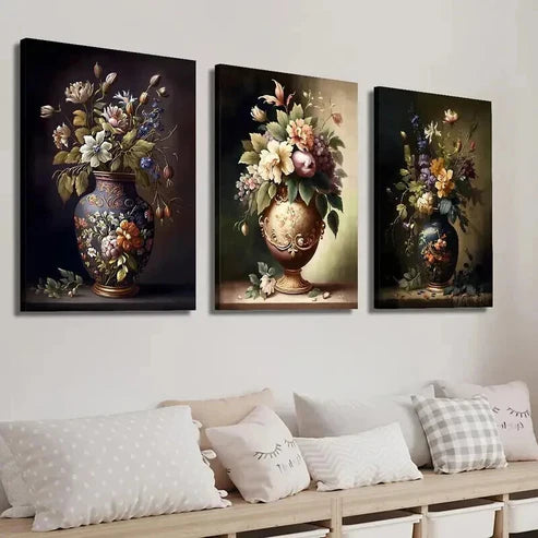 3pcs Artistic Painting of Flowers in Vase Wall Art Set Canvas Unframed - High Quality Print 100% Australian Made Wall Canvas