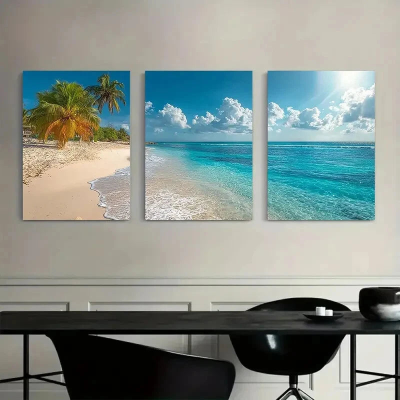 3pcs Beach Scene with Clear Blue Water & Swaying Metal Print Ready to Hang Art