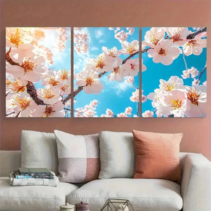3pcs Blooming Blossom Tree Abstract Blue Sky Metal Print Ready to Hang Art