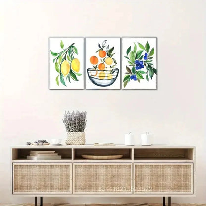 3pcs Lemon Orange Blueberry Fruit Art Metal Print Ready to Hang Art