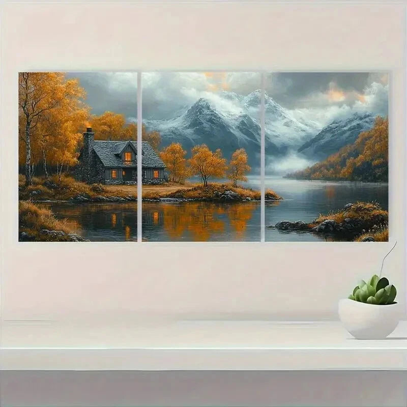 3pcs Serene Nature Landscape with Cozy Cottage Metal Print Ready to Hang Art