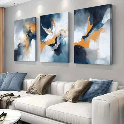 3pcs Blue White And Golden Fluid Paintings Perfect Wall Art Canvas Unframed – High Quality Print 100% Australian Made Wall Canvas