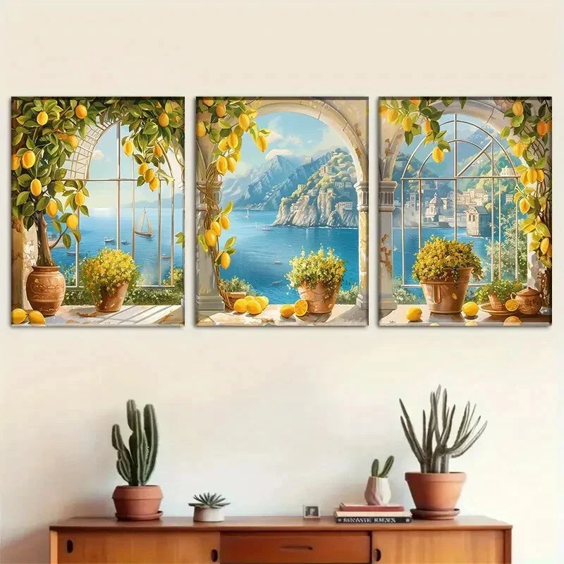 3pcs Coastal View Through Arched Windows Metal Print Ready to Hang Art