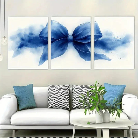 3pcs Elegant Blue Bow Watercolor Metal Print Ready to Hang Art