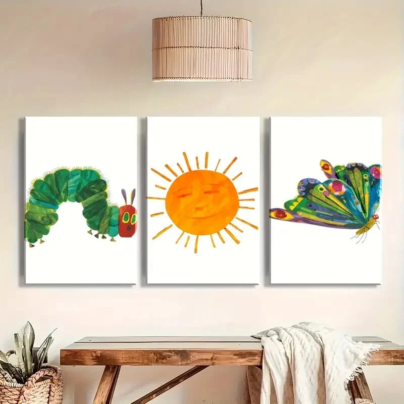 3pcs Vibrant Sunflower & Caterpillar Design Metal Print Ready to Hang Art