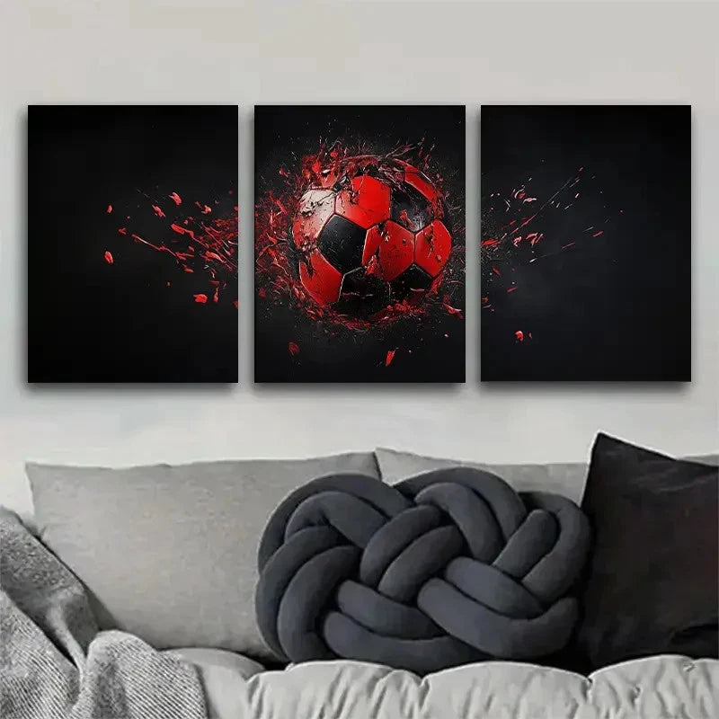3pcs Soccer Vivid Red & Black Splash Design Metal Print Ready to Hang Art