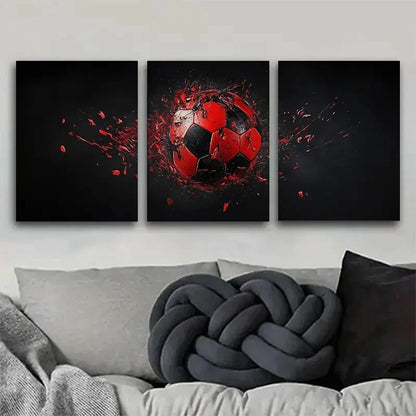 3pcs Soccer Vivid Red & Black Splash Design Metal Print Ready to Hang Art
