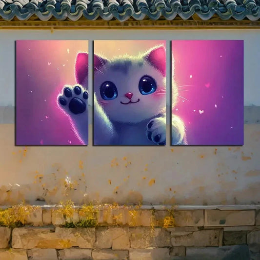 3pcs Vibrant Charming Cat with Outstretched Hand Metal Print Ready to Hang Art