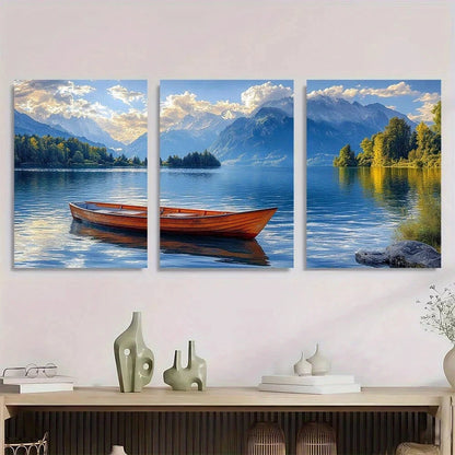 3pcs Scenic Lake & Mountain Blue Sky Green Trees Metal Print Ready to Hang Art