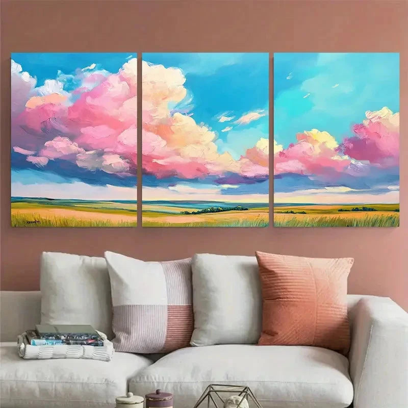 3pcs Vibrant Pink Clouds Landscape Blue Sky Wall Art Set Canvas Framed 40x60cm - High Quality Print 100% Australian Made Wall Canvas Ready to Hang
