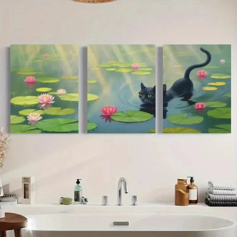 3pcs Black Cat Water Lilies Painting Metal Print Ready to Hang Art