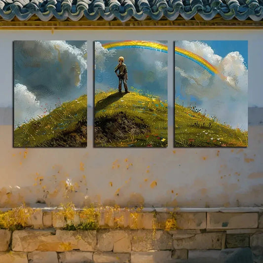 3pcs Girl on A Distant Hill, Gazing At The Rainbow Metal Print Ready to Hang Art