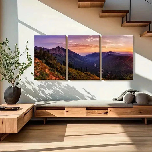 3pcs Valley Mountains and Sunset Modern Wall Art Set Canvas Framed 40x60cm - High Quality Print 100% Australian Made Wall Canvas Ready to Hang