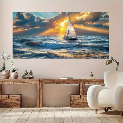 Golden Sunset Ocean Waves wall canvas office home room framed 120x60cm - Bella Home Decor