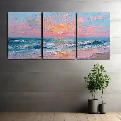 3pcs Pink And Blue Beach Sunset in Oil Painting Metal Print Ready to Hang Art