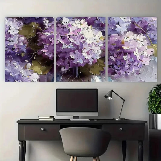 3pcs Lilac Blossom Floral with Green Leaves Metal Print Ready to Hang Art