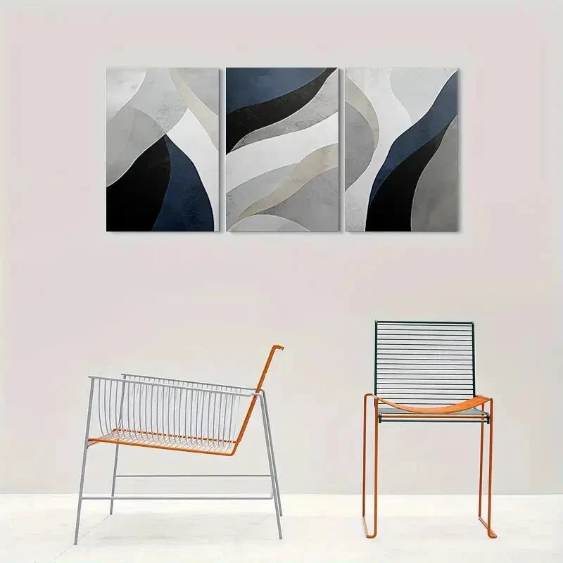 3pcs Modern Abstract Geometric Blue & Beige Metal Print Ready to Hang Art