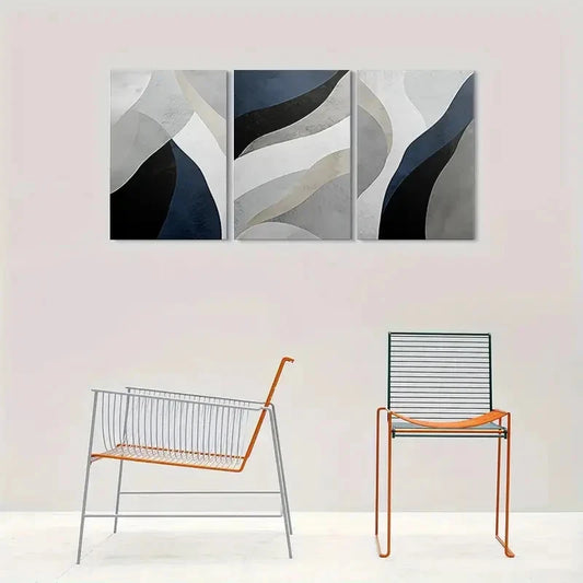 3pcs Modern Abstract Geometric Blue & Beige Metal Print Ready to Hang Art