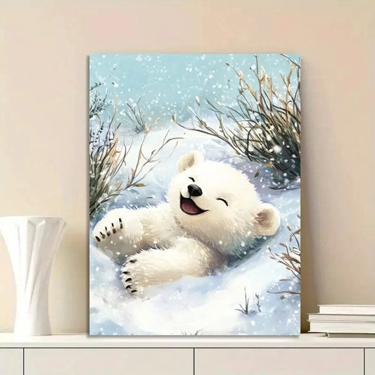 Cute Little Polar Bear Cub Rolling Around in The Snow 40x60cm Metal Print Ready to Hang