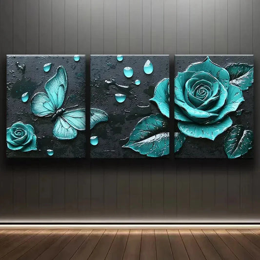 3pcs Teal Rose Light Green Butterfly Metal Print Ready to Hang Art