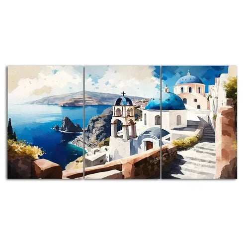 3 Piece Santorini Island Painting Style Wall Art Set Canvas Unframed - High Quality Print 100% Australian Made Wall Canvas