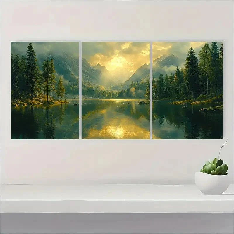 3pcs Abstract Green Forest Lake Nature Art Metal Print Ready to Hang Art