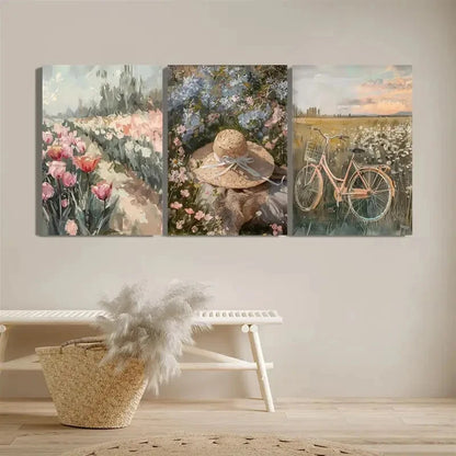 3pcs Vintage Pink Bicycle And A Floral Straw Hat Metal Print Ready to Hang Art