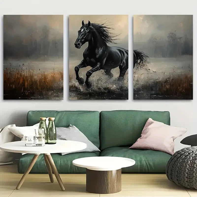 3pcs Black Stallion Noble Animal Metal Print Ready to Hang Art
