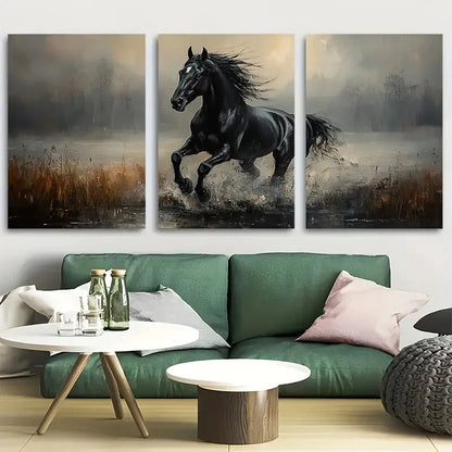 3pcs Black Stallion Noble Animal Metal Print Ready to Hang Art