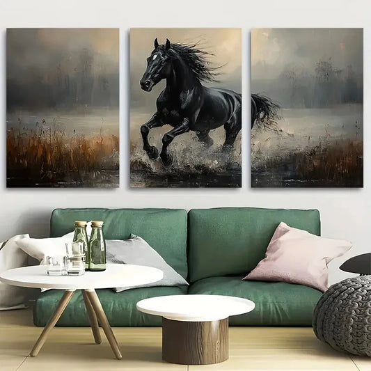 3pcs Black Stallion Noble Animal Metal Print Ready to Hang Art