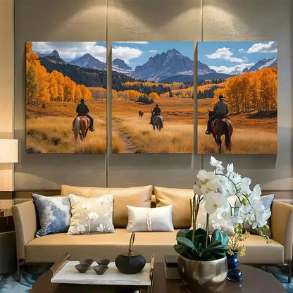 3pcs Autumn Mountain Landscape with Riders & Horse Metal Print Ready to Hang Art