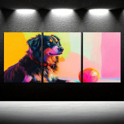 3pcs Colorful Dog and Ball Illustration Metal Print Ready to Hang Art