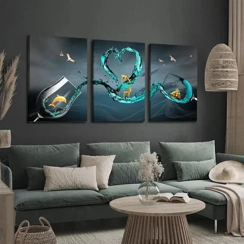 3pcs Stylish Wine Glass & Golden Dolphin Wall Art Canvas Unframed - High Quality Print 100% Australian Made Wall Canvas