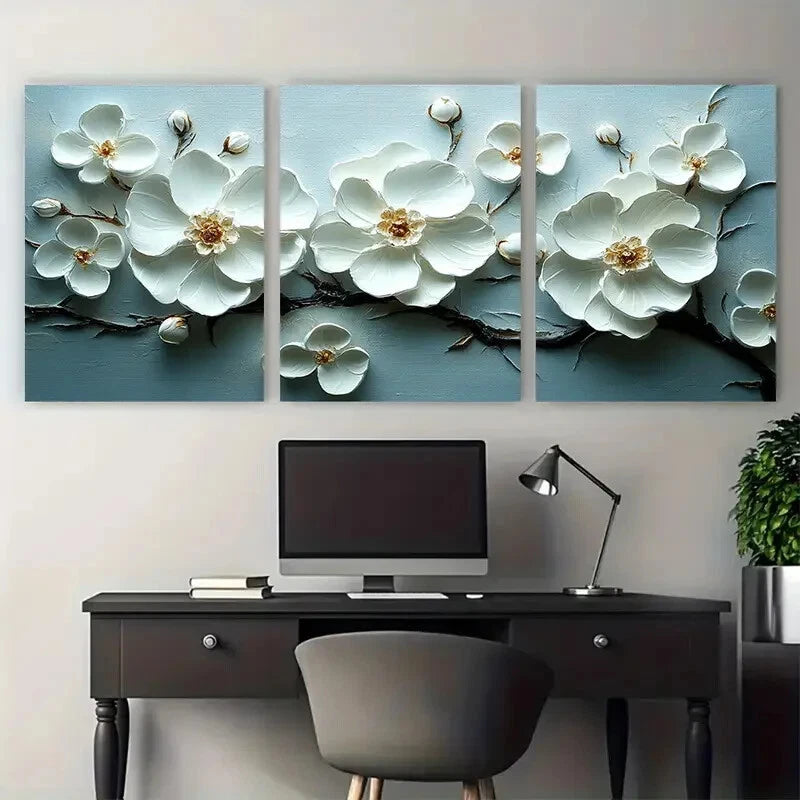 3pcs White Floral Delicate Textured Flowers Metal Print Ready to Hang Art