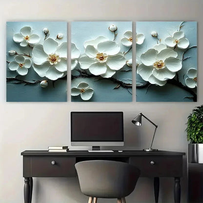 3pcs White Floral Delicate Textured Flowers Metal Print Ready to Hang Art
